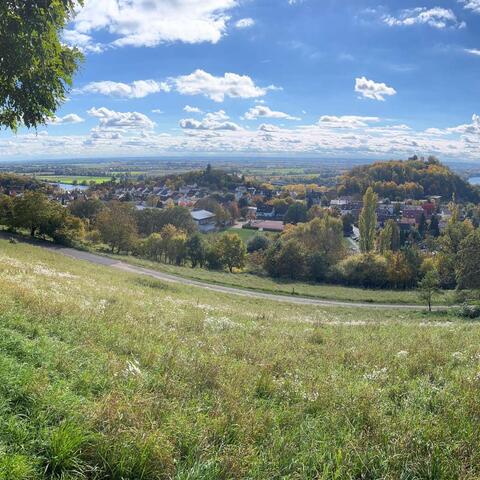 Výhled od Krakenhausu na město a zříceninu hradu Donaustauf a okolní krajina kolem Dunaje.