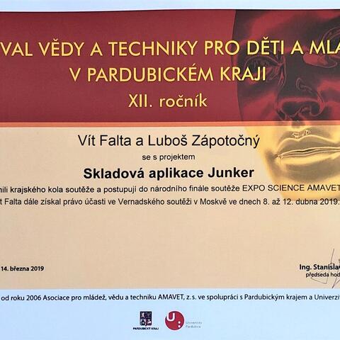 Vítek Falta  a Luboš Zápotočný se svým projektem Skladová aplikace Junker postoupili na národní finále Expo Science AMAVET 2019.