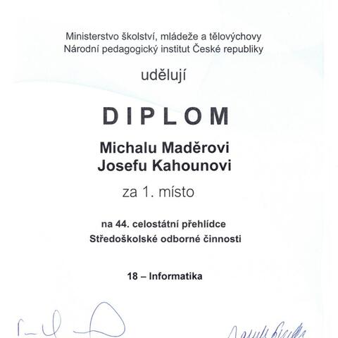 Michal Maděra a Josef Kahoun - 1. místo v celostátním kole SOČ 2022 - diplom.