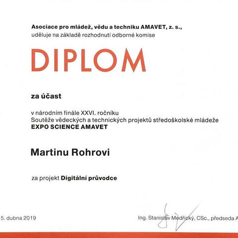 Diplom za účast ve finále Expo Science AMAVET - Martin Rohr