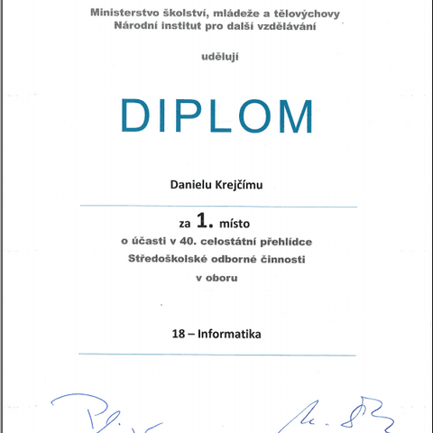 Diplom za vítězství v 40. ročníku SOČ pro Dana Krejčího